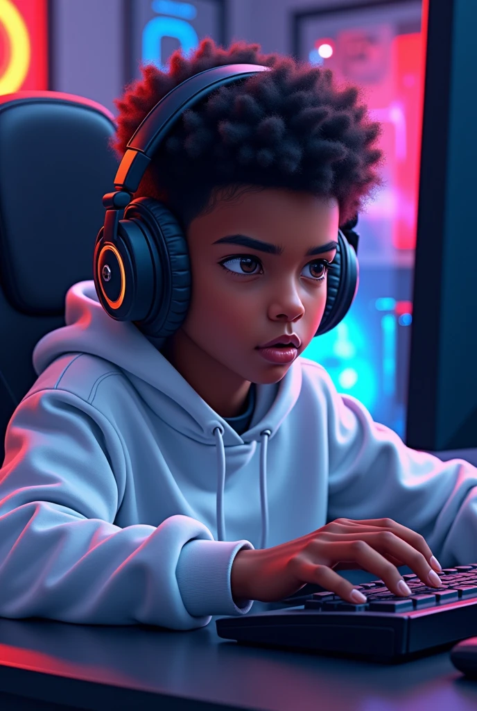 Create a logo of a dark-skinned gamer boy with a white sweatshirt and gamer headphones who is playing on a PC