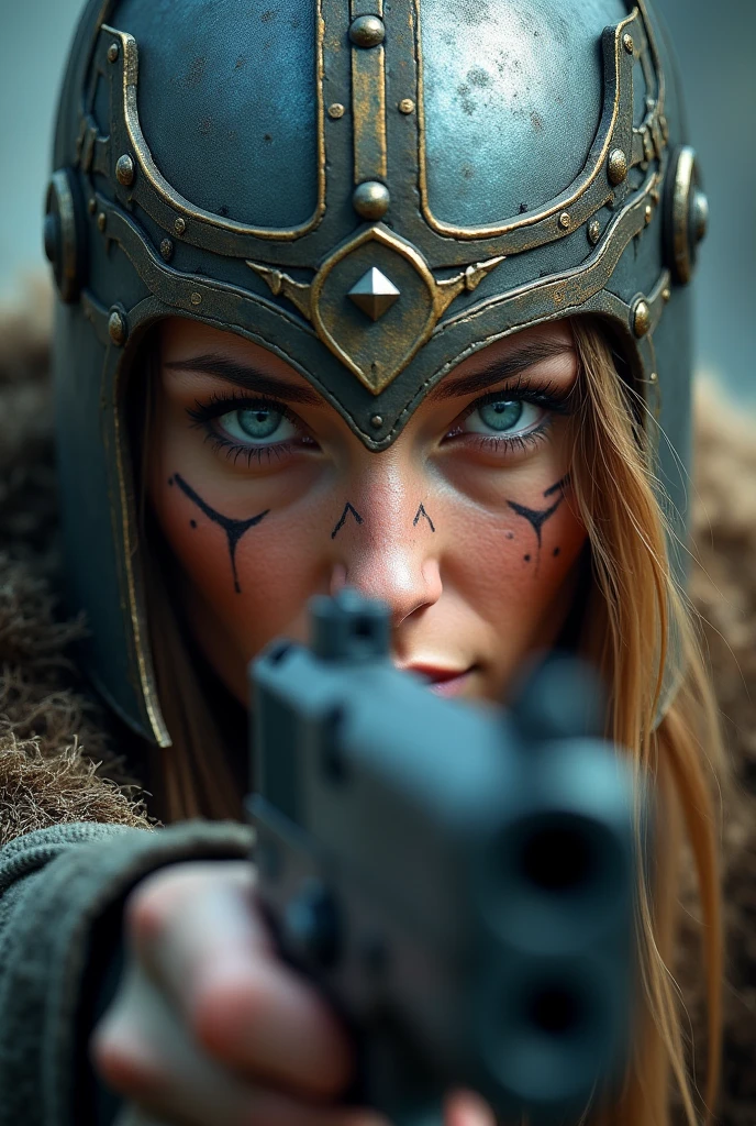 Viking warrior face with weapon in hand, blue colored eyes, pretty, viking makeup, gun close to the face, helmet on the head and makeup