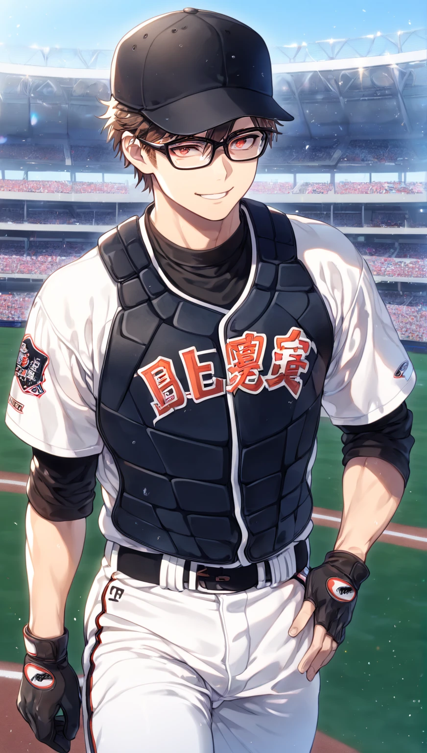 absurdres, highres, ultra detailed, HDR, master piece, Miyuki Kazuya, brown hair, expressive amber eyes, black glasses, white baseball uniform, Diamond No Ace, sexy man, handsome, best quality, fantasy, magical, solo, sensual, stadium, blue sky, handsome smile, manly man, black gloves, white pants