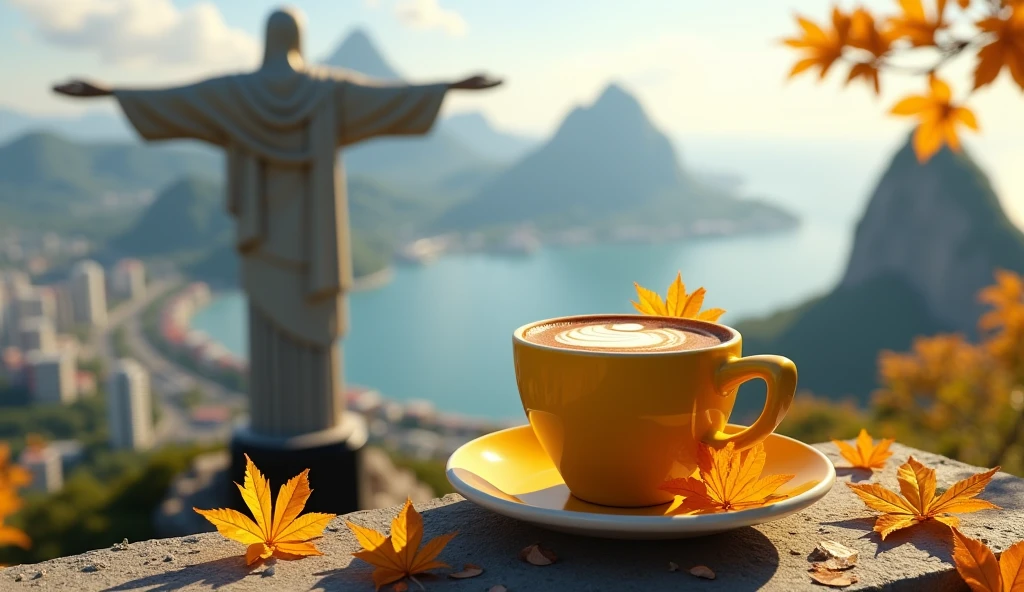 Create Christ the Redeemer overlooking Rio de Janeiro city, a realistic image of a small, yellow latte cup adorned with autumn leaves and yellow flowers scattered around, creative composition, trending on ArtStation.