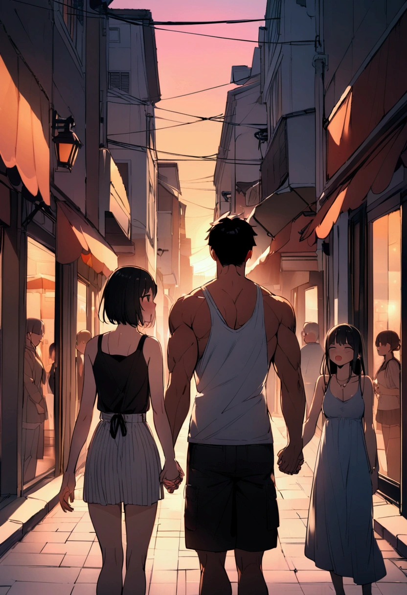 Highest quality、masterpiece、They are standing next to each other in the center of the screen, holding hands、(male:1.2)、A black-haired, muscular man wearing a tank top、白髪筋肉質の服を着た若いmale、I'm shopping、Embarrassed face、Shopping Street、sunset