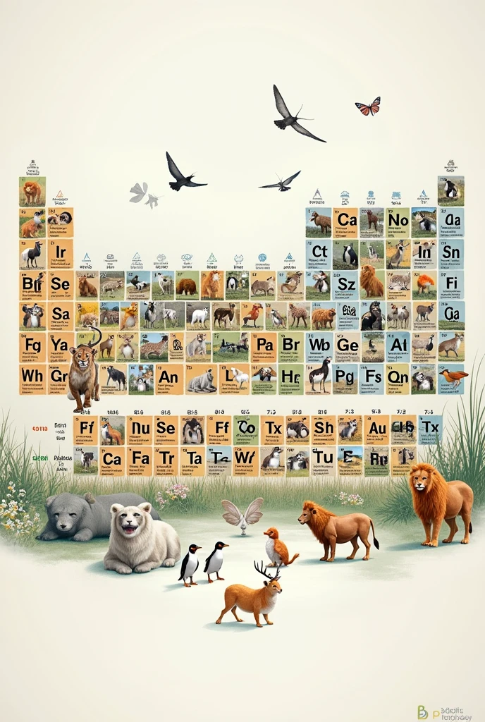 Periodic table with pictures of animals,The squares contain pictures of animals and letters of chemical elements