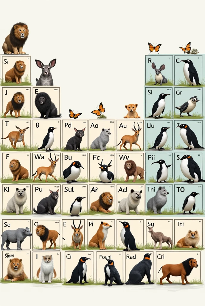 Periodic table with pictures of animals，The squares contain pictures of animals and letters of chemical elements