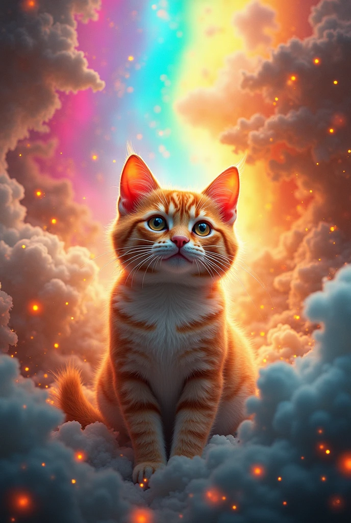 一只拟人化的小橘猫 photoEnergetic rainbow surface, Spin in a vortex of chaotic destruction filled with millions of colorful particles. The core of the creature is surrounded by a gray mist.,Exudes a mysterious and ethereal aura. The overall image exudes a sense of wonder and Concept Artistry, reflects an imaginative and surreal environment., Energetic, photo, Concept Art, 3D Rendering