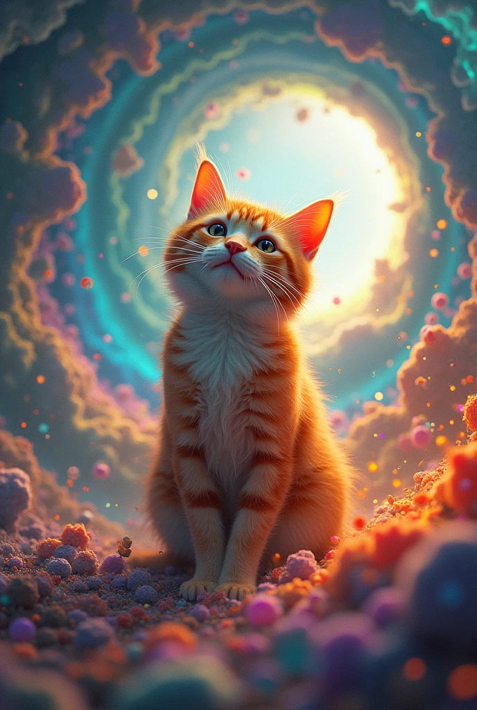 一只拟人化的小橘猫 photoEnergetic rainbow surface, Spin in a vortex of chaotic destruction filled with millions of colorful particles. The core of the creature is surrounded by a gray mist.,Exudes a mysterious and ethereal aura. The overall image exudes a sense of wonder and Concept Artistry, reflects an imaginative and surreal environment., Energetic, photo, Concept Art, 3D Rendering