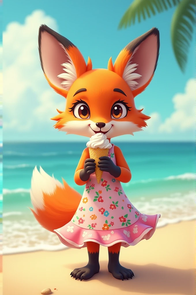A fox in a beach dress eating an ice cream on a beach background