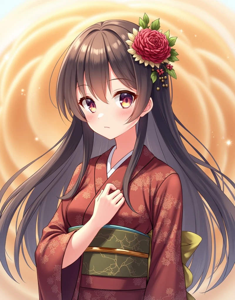 Bean paste background　Cuteness is at the center　Wearing a kimono　Long hair　mysterious　Visually appealing　High resolution　Elegance Anime Style
