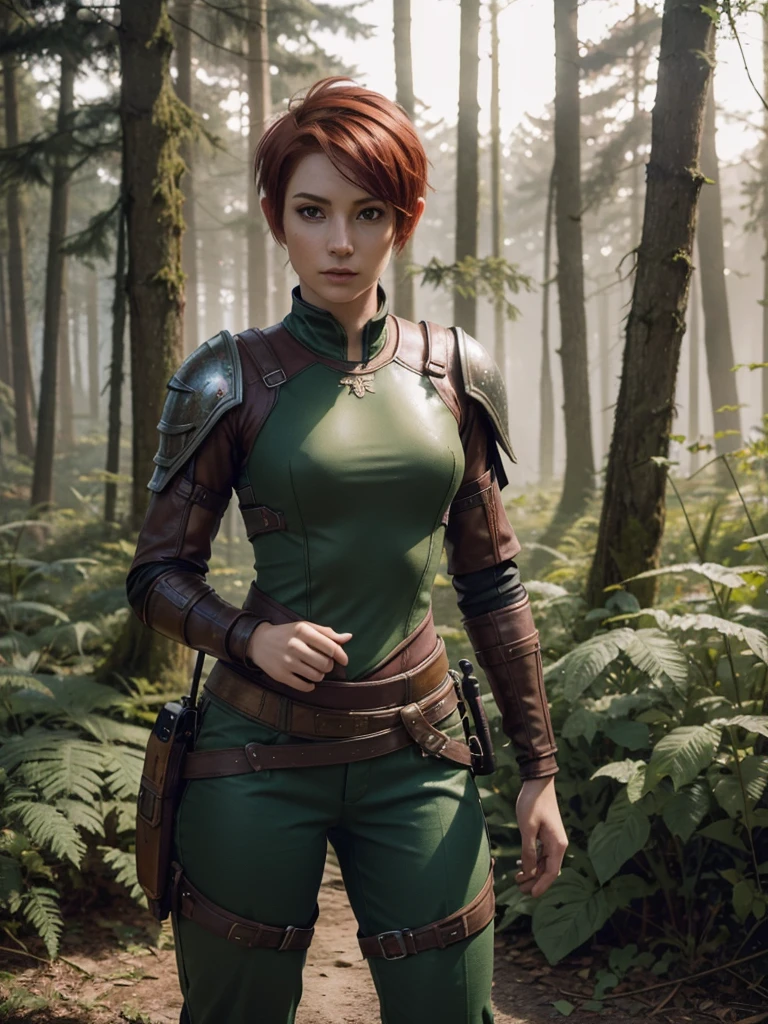 slim feminine figure, redhead, best quality, realistic skin texture, photography, film grain texture and high contrast, extremely high-resolution details, photographic, photorealistic, hyper-realistic, HDR, masterpiece, ((short pixie hair)), dressed up as a hunter from world of warcraft, full hunter armor, a green lust forest in the background, brown pants, armored shoulder-pads