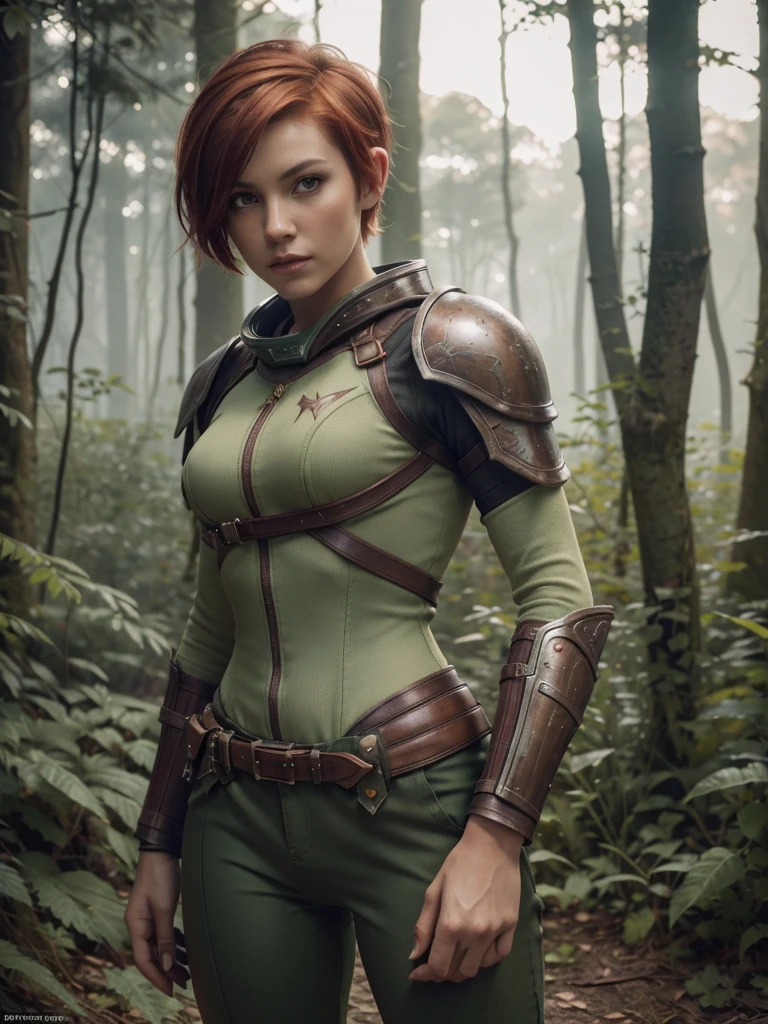 slim feminine figure, redhead, best quality, realistic skin texture, photography, film grain texture and high contrast, extremely high-resolution details, photographic, photorealistic, hyper-realistic, HDR, masterpiece, ((short pixie hair)), dressed up as a hunter from world of warcraft, full hunter armor, a green lust forest in the background, brown pants, armored shoulder-pads