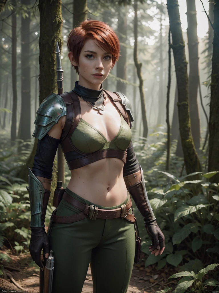 slim feminine figure, redhead, best quality, realistic skin texture, photography, film grain texture and high contrast, extremely high-resolution details, photographic, photorealistic, hyper-realistic, HDR, masterpiece, ((short pixie hair)), dressed up as a hunter from world of warcraft, full hunter armor, a green lust forest in the background, brown pants, armored shoulder-pads