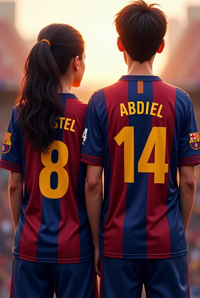 Woman and man from behind wearing the Barcelona shirt with the numbers 8 and 14 with the names Kristel and Abdiel and their hair tied to one side 
