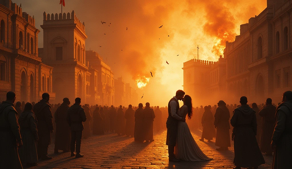 1500 d.c.  Jerusalem ((middle Ages))) in chaos; people looking at the sky; fire glues falling from the sky; couples kissing in the streets. 