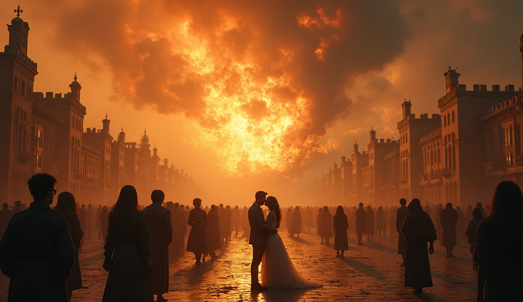1500 d.c.  Jerusalem ((middle Ages))) in chaos; people looking at the sky; fire glues falling from the sky; couples kissing in the streets. 
