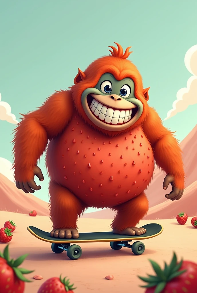 A fat orangutan with the appearance of a strawberry, smiling while skateboarding
