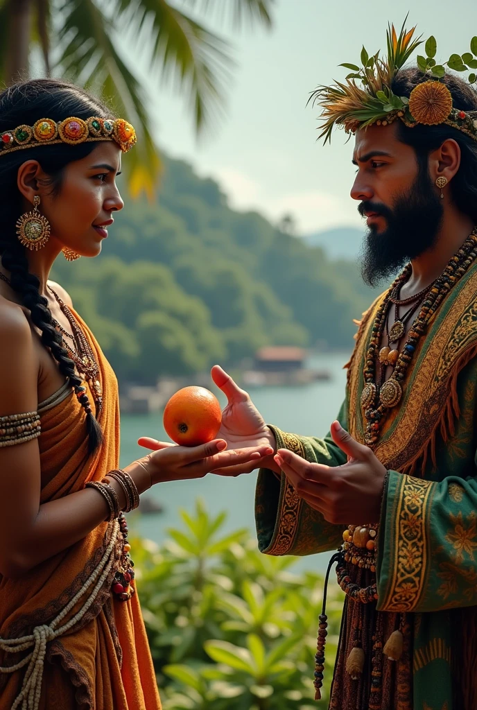 An indigenous person offers a fruit or necklace to the European leader. in exchange, the European holds out a mirror or glass beads.