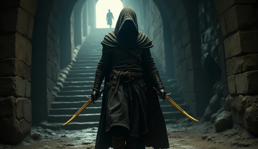 (work of art:1.2), (best qualityer:1.2), 8k, HDR, ultra detaild, ((photorrealistic)), professional light, cinematic lighting, fashion shooting, ambient lighting, fund, a dark medieval dungeon, darkness, epic photo, fire, staircase, A thief in cloth armor, holding a golden dagger in each hand.