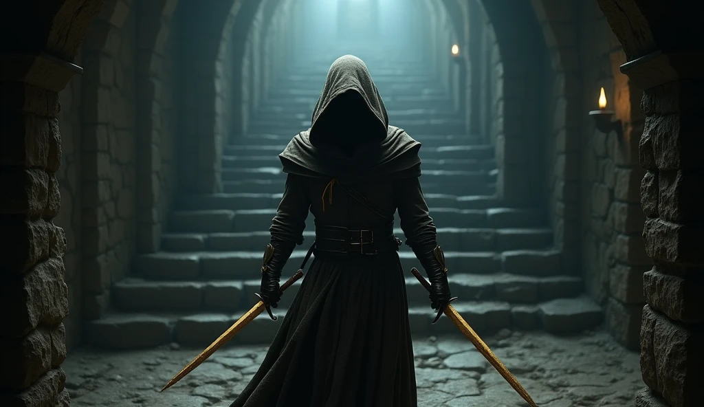 (work of art:1.2), (best qualityer:1.2), 8k, HDR, ultra detaild, ((photorrealistic)), professional light, cinematic lighting, fashion shooting, ambient lighting, fund, a dark medieval dungeon, darkness, epic photo, fire, staircase, A thief in cloth armor, holding a golden dagger in each hand.