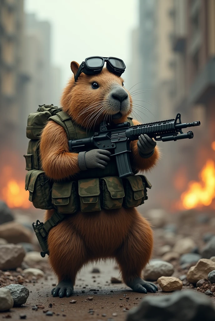 “(Superior quality, 8K, masterpiece: 1.3) An urban CAPYBARA in full urban military combat gear, engaged in an epic battle, urban environment, tactical vest, night vision goggles, camo gear, armed with a rifle, intense action scene, cityscape background with ruins and fire, (cinematic lighting), highly detailed fur and gear, (photorealism), (art of Craig Mullins: 1.5), dynamic composition, focus on movement and intensity, atmosphere of chaos and heroism”