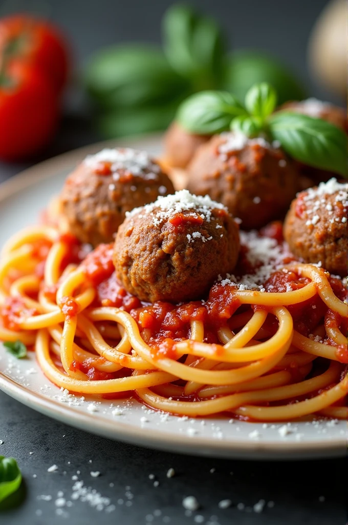 Photo of a plate with pasta and meatballs 