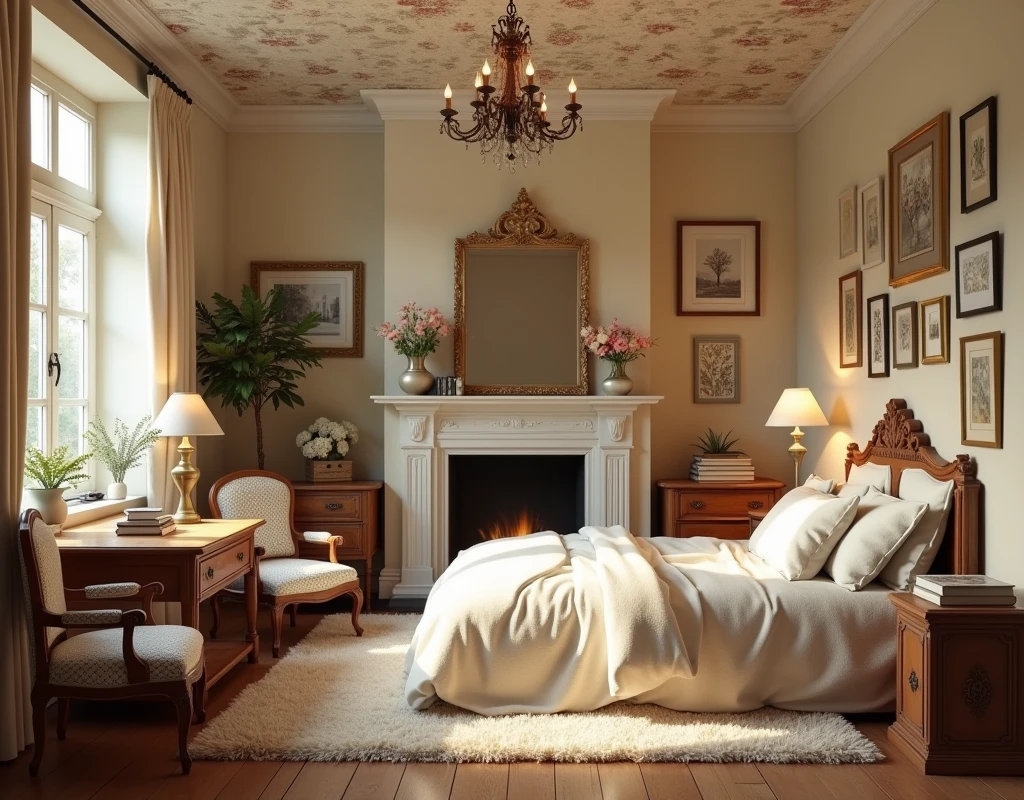 Room, cream wall, floral ceiling, flower jar, vintage frames, molduras de vintage frames, fireplace, candles, Luster, cozily, lampshade, cama cozily com travesseiros, cushions, shag carpet, large french mirror, wall with frames, flower jar, warm light, two vintage wooden chairs, mesa com textbooks, textbooks vintage, wooden dresser, textbooks, big bed