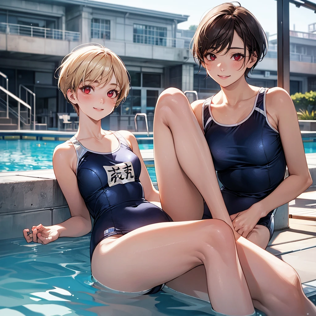 (masterpiece:1.2, Highest quality), (Realistic, photoRealistic:1.4), Beautiful illustrations, (Natural Side Lighting, Cinema Lighting), 
View your audience, Upper Body, (Front view), 1 person, Japanese, high school girl, Perfect Face, Cute and symmetrical face, Glowing Skin, Baby Face, 
(short hair:1.5, Pixie Cut:1.4, blonde), Pin your bangs in place, Red eyes, Long eyelashes, (Large Breasts:0.6), 
Beautiful Hair, Beautiful Face, Beautiful attention to detail, Beautiful clavicle, Beautiful body, Beautiful breasts, Beautiful thighs, Beautiful legs, Beautiful fingers, 
(School Swimsuit), 
(Beautiful views), Night Pool, Spread your legs, (Cute Smile, Upward glance), Background Blur,