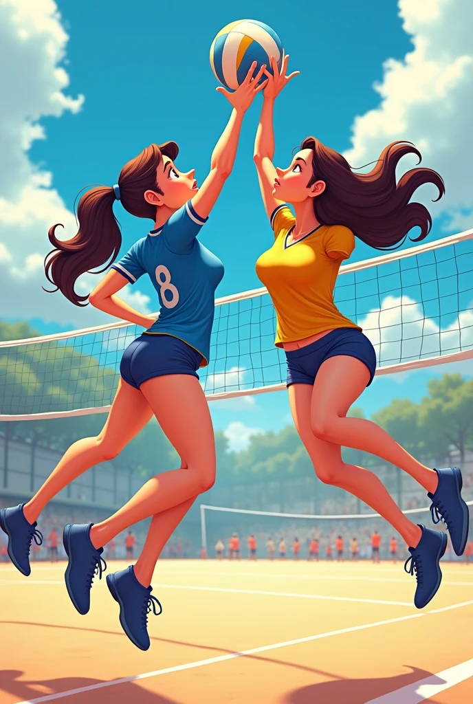 There are two volley ball girls in the picture, one is wearing a blue jersey and the other is wearing a yellow one, they are both jumping in the air trying to hit the ball, they have long legs and they're wearing short shorts, wide hips, realistic cartoon style, big eyes, long wavy hair, medium bust and medium butt