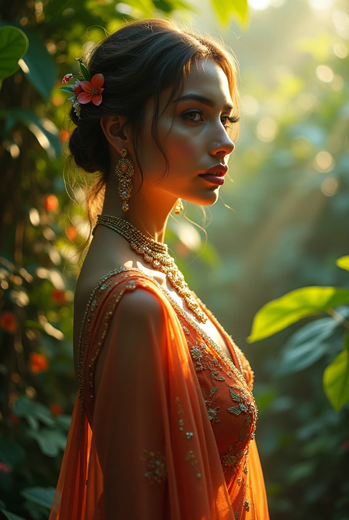 a beautiful angel woman, sexy hot salwar kameez in jungle, extremely detailed face and eyes, long eyelashes, glowing skin, beautiful detailed lips, detailed hair, intricate jewelry, detailed floral background, sunlight shining through leaves, vibrant colors, high quality 8k, cinematic lighting, fantasy art style, photorealistic naked