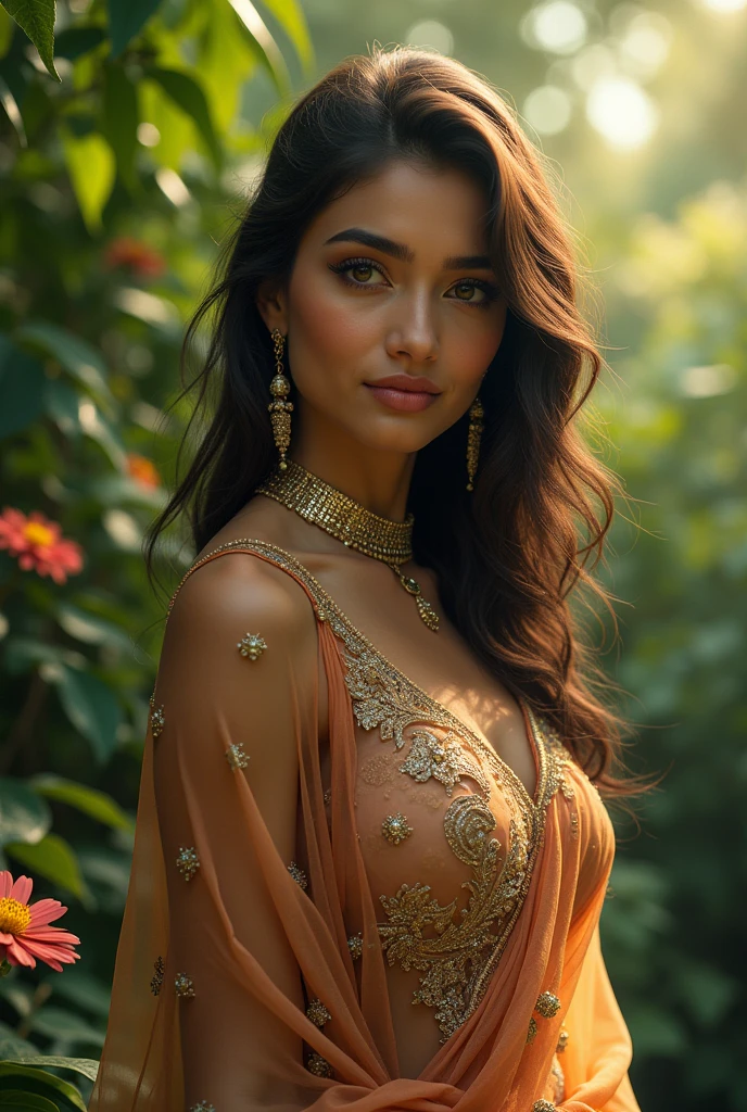 a beautiful angel woman, sexy hot salwar kameez in jungle, extremely detailed face and eyes, long eyelashes, glowing skin, beautiful detailed lips, detailed hair, intricate jewelry, detailed floral background, sunlight shining through leaves, vibrant colors, high quality 8k, cinematic lighting, fantasy art style, photorealistic naked