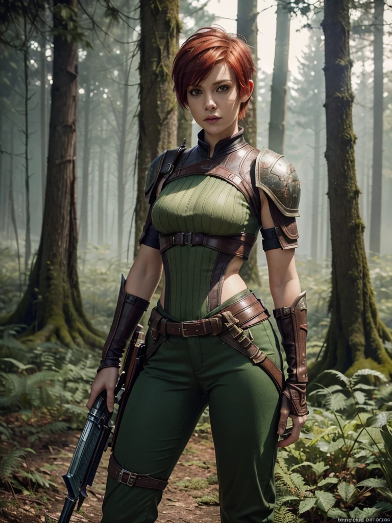 slim feminine figure, redhead, best quality, realistic skin texture, photography, film grain texture and high contrast, extremely high-resolution details, photographic, photorealistic, hyper-realistic, HDR, masterpiece, ((short pixie hair)), dressed up as a hunter from world of warcraft, full hunter armor, a green lust forest in the background, brown pants, armored shoulder-pads