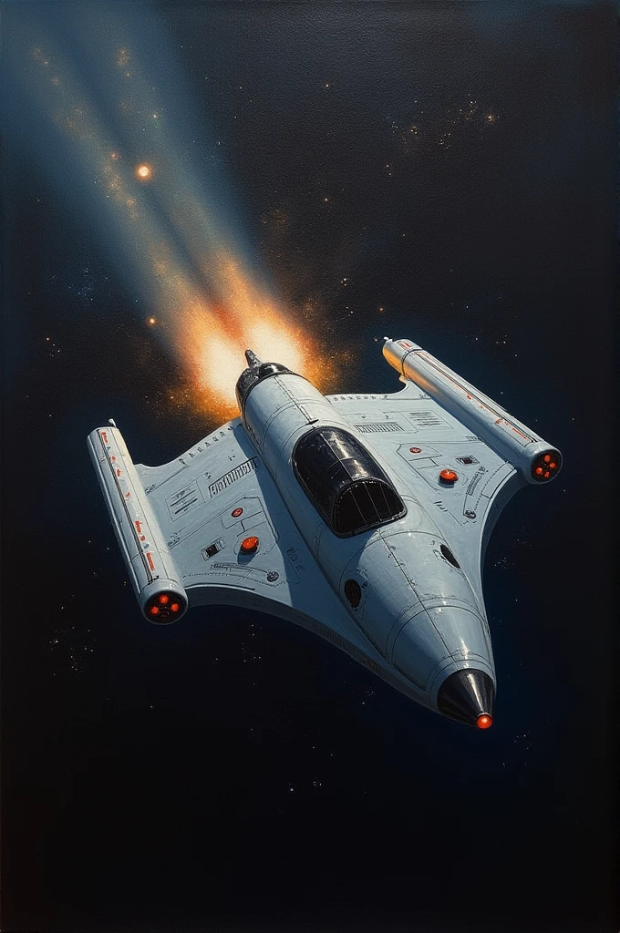 Oil painting of the space shuttle Enterprise about to enter warp