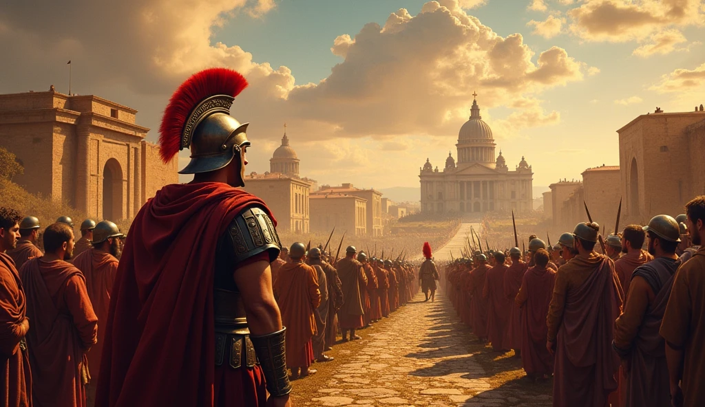1500 a.c. roma (empire) in chaos; people looking at the sky; roman soldier going to war