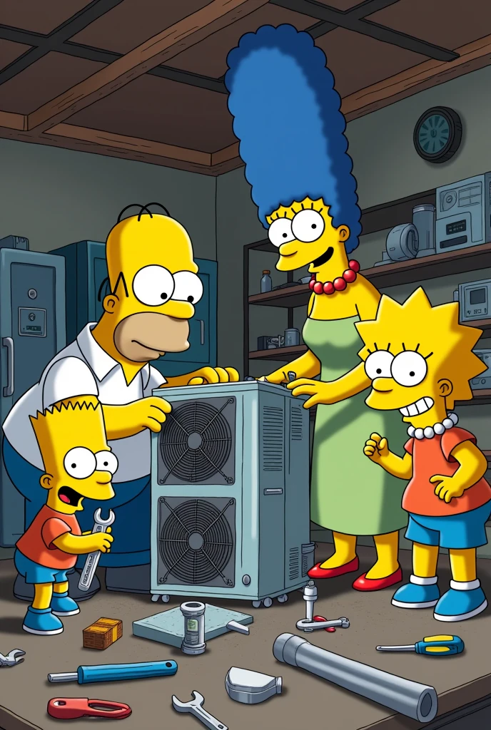 Make a drawing of the Simpsons series in which only the four main characters appear while they are playing with tools in an air conditioning repair workshop in which there are air conditioners., Refrigerators and work tools on the floor or tables