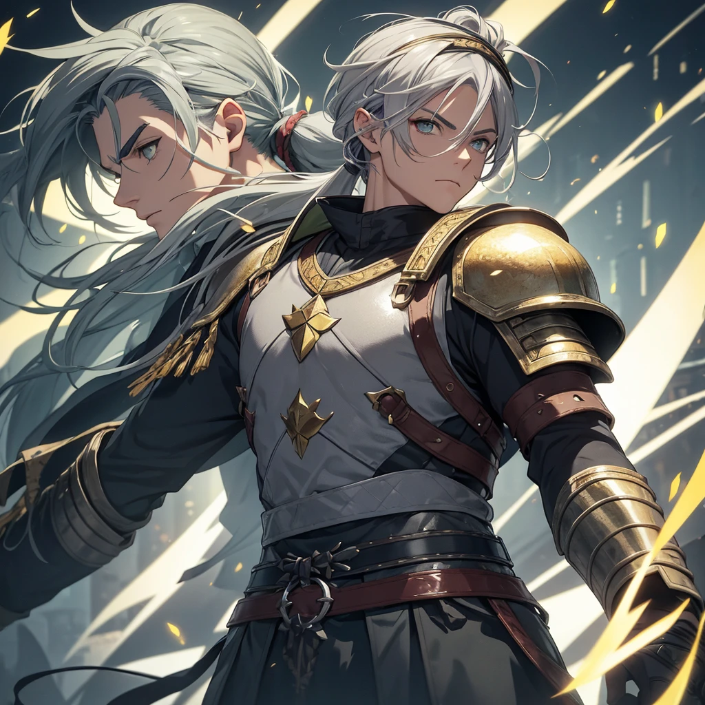 Middle aged man. eyeballs. greens. half gray hair ponytail. Uses short swords. Gray clothes with gold Viking style details and armor