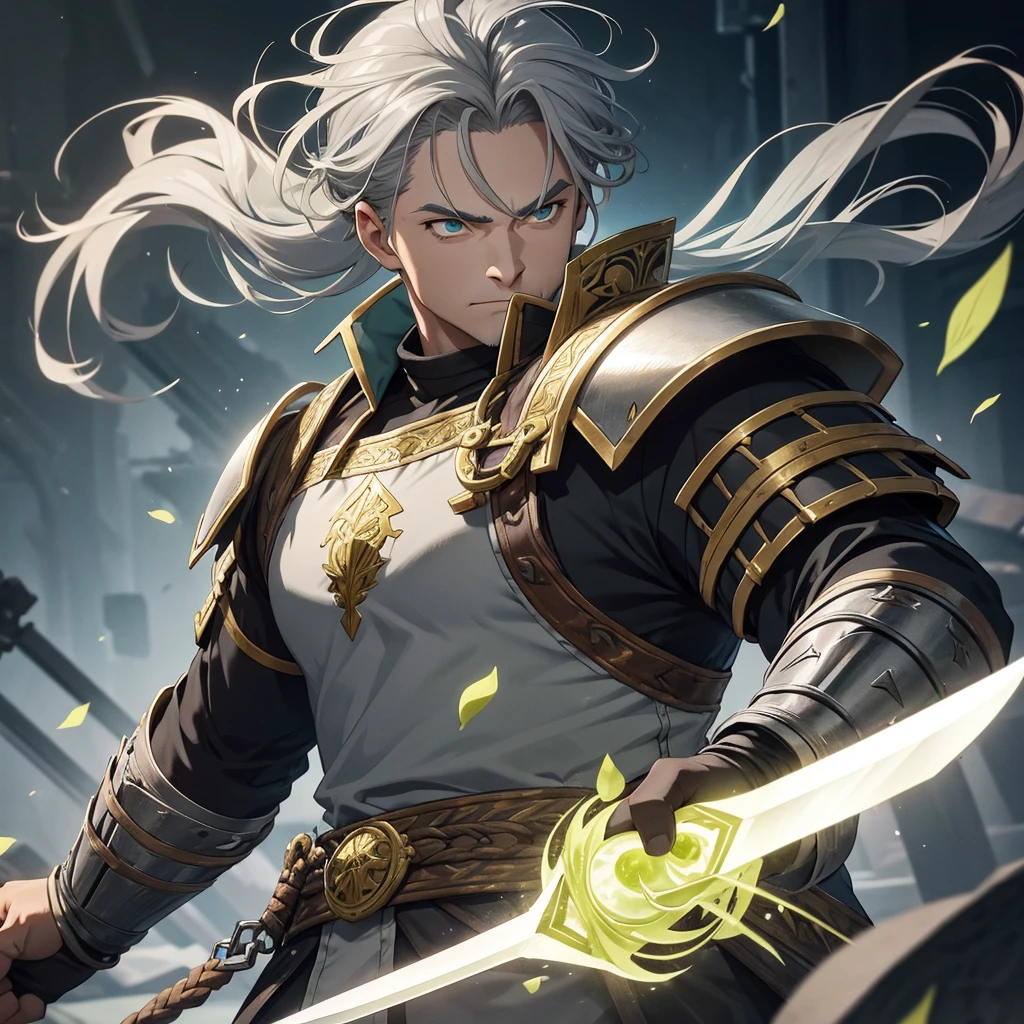 Middle aged man. eyeballs. greens. half gray hair ponytail. Uses short swords. Gray clothes with gold Viking style details and armor