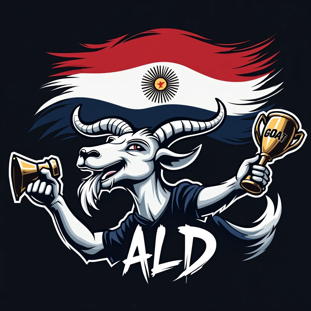 create a sports logo with the name ALD with a GOAT mascot holding a trophy with the word GOAT written inside with the Argentine flag behind it