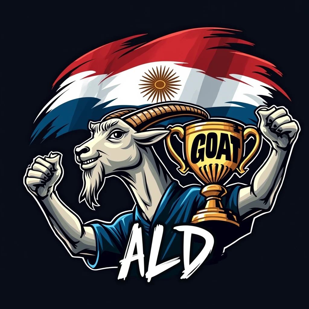 create a sports logo with the name ALD with a GOAT mascot holding a trophy with the word GOAT written inside with the Argentine flag behind it