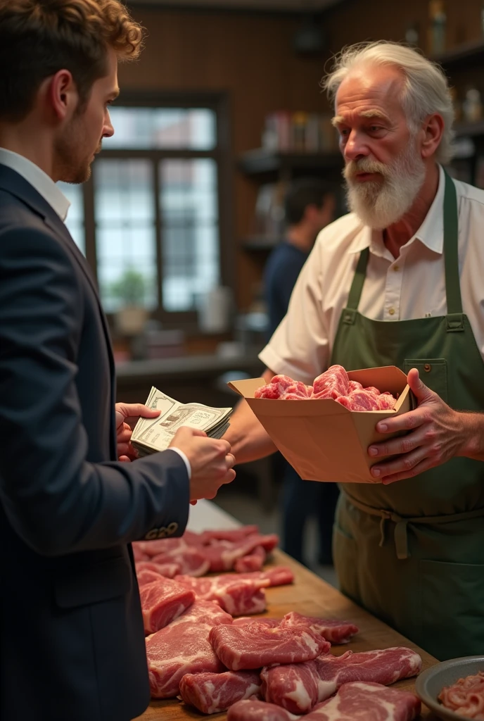 The image of a person buying meat in a butcher shop. Let the money be seen in the person&#39;s hand and a bag of meat in the butcher&#39;s hand.