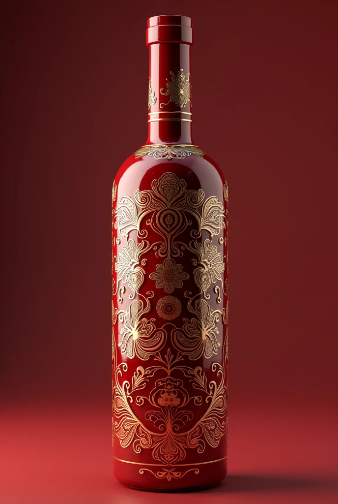 Close up of a bottle of red wine with a golden Chinese medicine pattern, very fancy,Chinese baijiu bottle, fancy whiskey bottle, whiskey bottle, Wine bottles, 3D product render, Product design rendering, Beautifully detailed orixa, red realistic 3 d render, Hyper-realistic rendering details, Delicate and detailed carving, Designed in Blender, Glossy and complex design, Gold delicate lines
