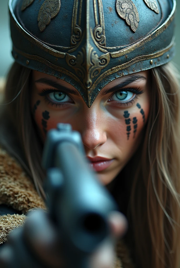 Close up viking warrior with sword in hand, blue colored eyes, pretty, viking makeup, gun close to the face, helmet on the head and makeup