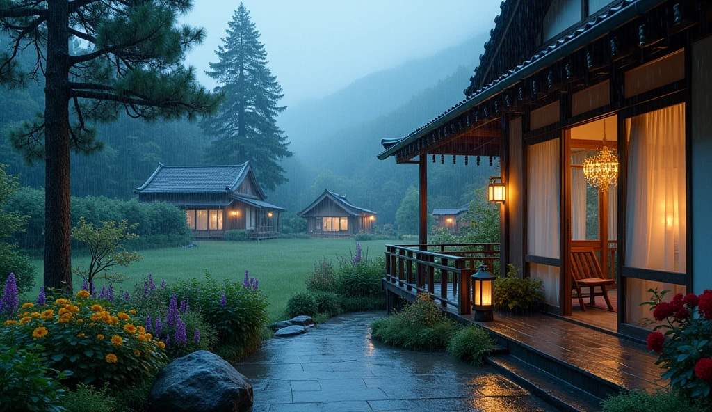 house on wet street with balcony overlooking outside in village, clear glass window, Shirakawa-go, Japan, rainy environment, (((FHD))) (((high definition))), green garden, trees, rainy day, lights, pine, night ambience, lights cozy in the rain, lush japanese landscape, japanese house, rain, fog, , ultra-fine photography, realistic, realistic, purple, red, yellow flowers