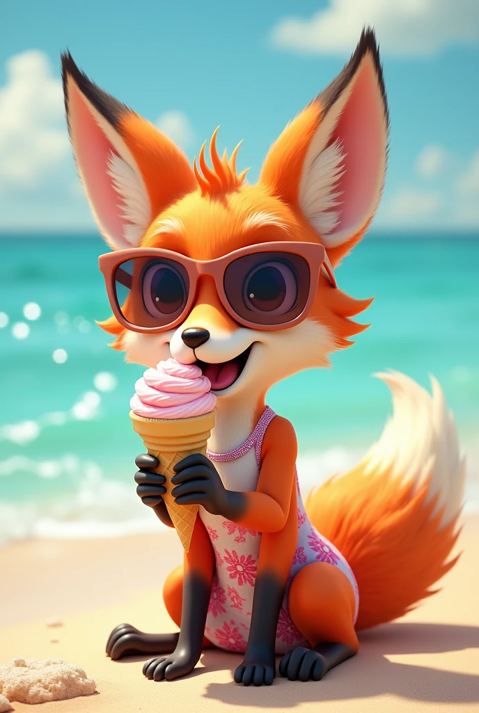 A fox in a beach dress eating an ice cream on a beach background wearing sunglasses