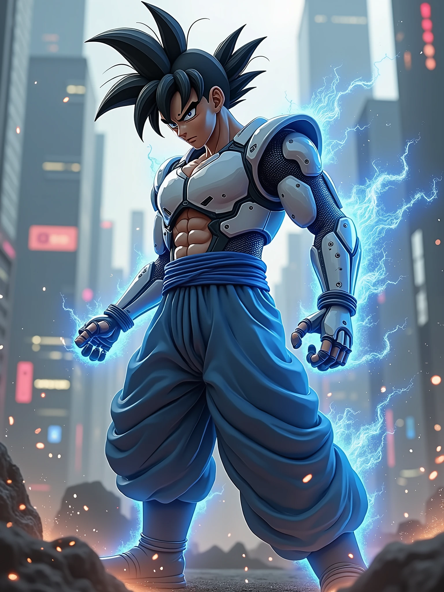 "Goku, sporting a futuristic cyborg style,. He has a blend of human and cybernetic features., He wears advanced battle armor incorporating glowing blue energy panels and mechanical parts., but his body is still essentially human.. His black hair is highlighted with strands of pulsating energy that change color. He utilizes adaptable nanofiber material and is in the midst of a battle against androids in a futuristic environment.. The scene includes high-tech buildings and futuristic cityscapes, with light effects and holograms in the background. The image should capture the integration of human and technological elements,, showcasing the intensity of the battle and the fusion of martial arts with advanced technology.."