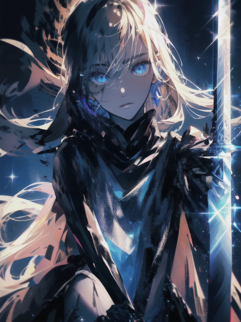 Holding a one-handed sword、Please take the black sword.、((masterpiece, highest quality, Super detailed, High resolution)), alone, beautiful girl, shining eyes, perfect eyes, , black white gold theme,