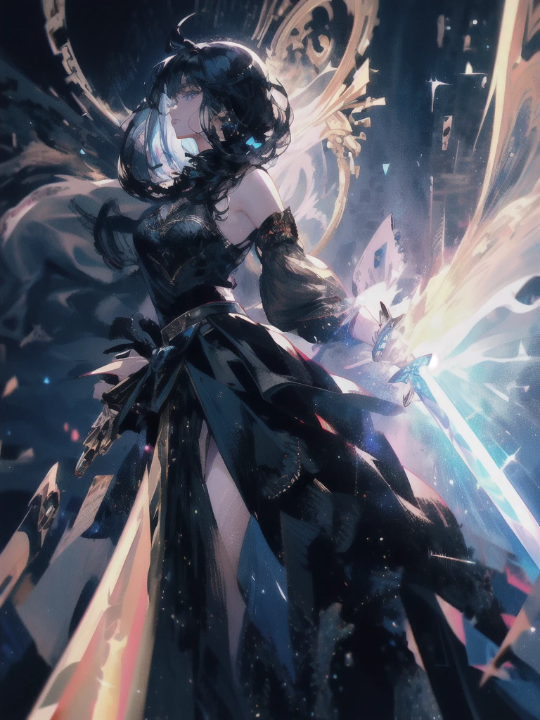 Holding a one-handed sword、Please take the black sword.、((masterpiece, highest quality, Super detailed, High resolution)), alone, beautiful girl, shining eyes, perfect eyes, , black white gold theme,