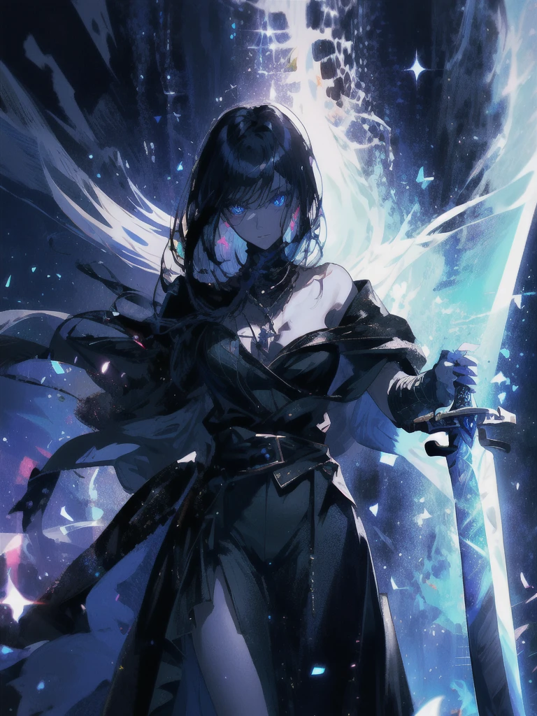 Holding a one-handed sword、Please take the black sword.、((masterpiece, highest quality, Super detailed, High resolution)), alone, beautiful girl, shining eyes, perfect eyes, , black white gold theme,