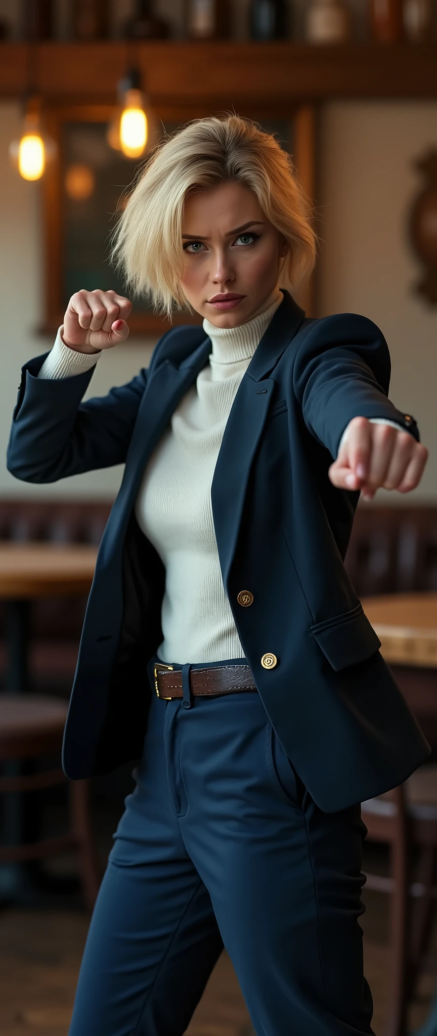 ((super photographic, superrealism)),Front view, (( Action pose, one hand, straight punch:1.3)), action cinema, action scene ,Full body, solon, Actress of 007 , in Pub , (1 Scottish woman , 30 age old ,(gold hair, short cut, serious, glare at man), ((wearing Navy Blue blazer jacket, white turtleneck sweater, Navy Blue pants, leather black belt, brown shoes :1.5)) , ((super detail, high details, high quality, accurate, anatomically correct, textured skin, beautiful fingers super detail, high details, high quality, best quality))
