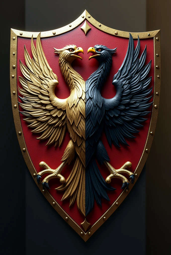 split shield, being the first gold, half black double-headed eagle, and the second in red, two silver bands; timbre: a head and neck of a black eagle, armed with gold and lampasado in red.