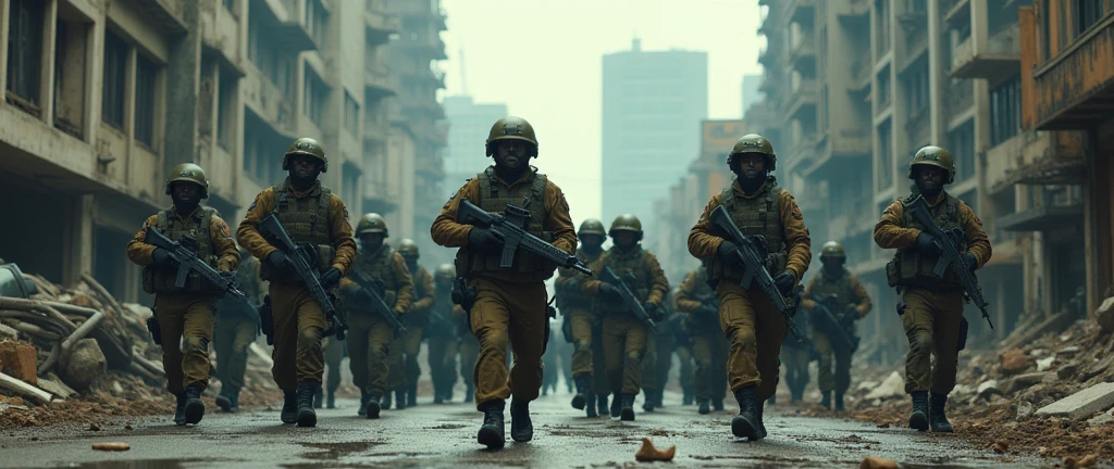 2024; (masterpiece, best quality) destroyed city (São Paulo) soldiers marching through the streets