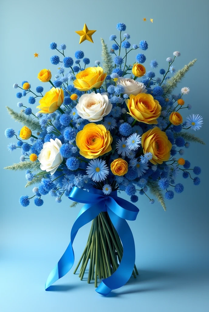 Vincent Van Gogh STARRY NIGHT inspired BOUQUET using SATIN RIBBON, FUZZY WIRE, STAR ORIGAMI. I want it in blue, yellow, white, sky blue. I want to see those three materials in one bouquet