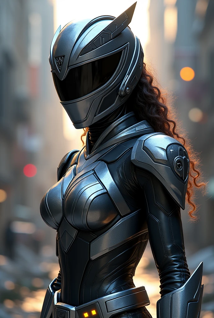 Power Ranger Black girl in full shining armor with armor covering her face too